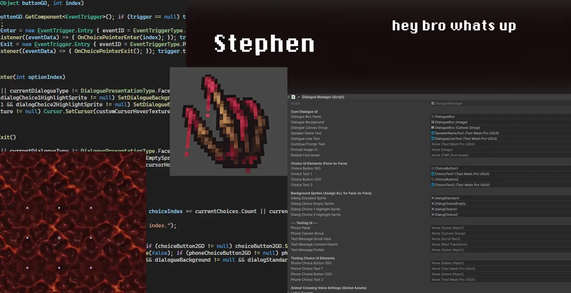 A collage showing the Unity dialogue system editor, code, and UI elements.