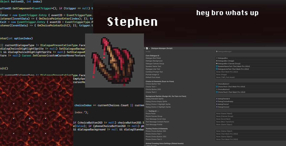 A collage showing the Unity dialogue system editor, code, and UI elements.